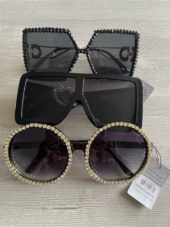 Accessories - 3 Pair Black Women's Fashion Sunglasses with Crystal Trim